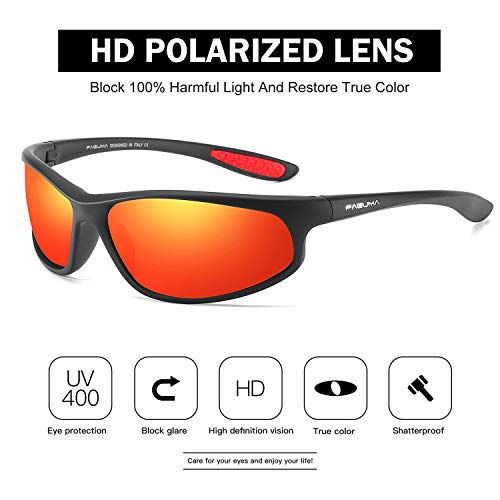 Image of FAGUMA Polarized Sports Sunglasses For Men Cycling Driving Fishing UV400 Protection, A1 Matte Black Frame /Red Mirrored Lens, Standard