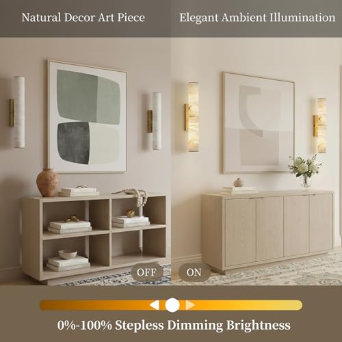 Image of 20 inch Alabaster Wall Sconce Hardwired, Spanish Natural Marble Sconces, Brass Bathroom Vanity Light, Dimmable Stone Wall Sconces Warm White, Linear Gold Alabaster Wall Light for Living Room Hallway, 1PC