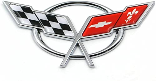 Image of Front Nose & Rear Deck Lid Crossed Flags Emblems Car Badge Nameplate 3D Logo Compatiable with 1997-2004 Corvette C5 19207384 19207385 2Pcs (Pair) (Chrome Red)