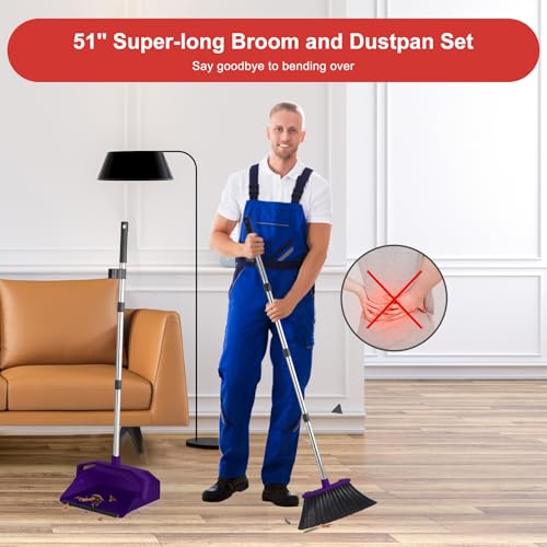 Image of Tiumso Broom with Dustpan Combo Set, Broom and Dustpan Set with 51'' Long Handle, Dust Pan and Brooms, ZeroGap Lip, Self-Cleaning Dustpans Teeth for Lobby Kitchen Restaurant - Purple