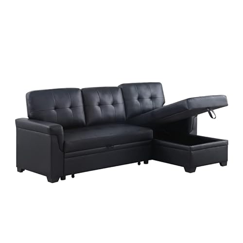 Lilola Home Lexi Black Vegan Leather Modern Reversible Sleeper Sectional Sofa With Storage Chaise #TOP1