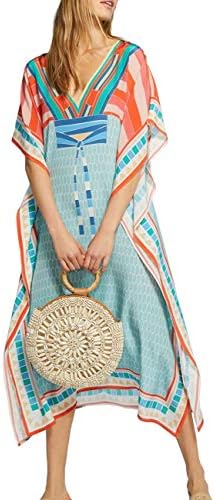 Women Long Maxi Cover Ups Swimsuit Turkish Colorblock Printed Kaftan Beach Dress (8368) Sky Blue