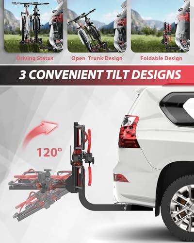 2\'\' Hitch Mounted Foldable Bike Rack, 2-Bike Platform Style Carrier for Standard, Fat Tire, Ebike, Quick Release Handle Smart Tilting Car SUV Truck-Weight Capacity 150 Lbs, Black, 81Inch - Thumbnail 7