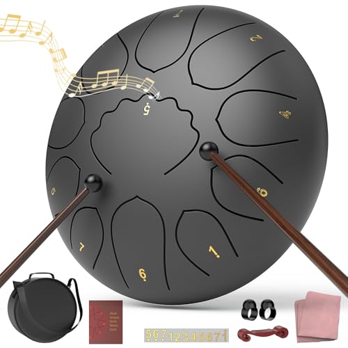 Rain Drum for Outside Garden 8 Inches 11 Notes Steel Tongue Chakra Drum Waterproof Meditation Rain Chime Musical Instruments for Adult Gift with Bag Music Book Mallets (Black)