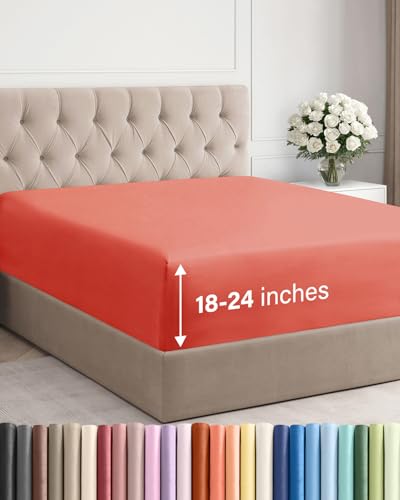 Image of Extra Deep Cal King Fitted Sheet - Single Fitted Sheet Only - Coral | Easily Fits 18 inch to 24 inch Mattress, Soft, Wrinkle Free, Breathable & Comfy, Extra Deep Pockets Hotel Luxury Fitted Sheet