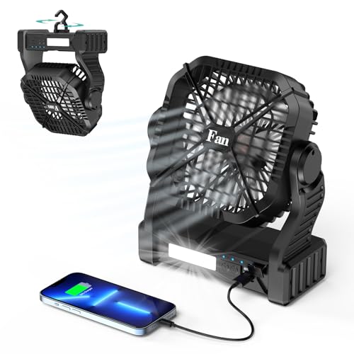 Qoosea Camping Ventilador Luz LED Portátil Camping Fan USB 8000mah Carpa Recargable Ventilador de Mesa Ventiladores de Techo con Gancho luz de Clase 3 de 4 Velocidades al Aire Libre Camió