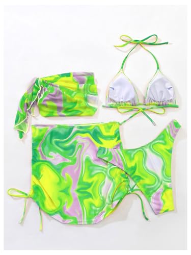 Image of RoseSeek Women's 4 Piece Polka Dots Bathing Suits Cover Up Skirt & Bandana | Halter Bikini Sets, Sexy Bathing Suit, Beach Skirt, Leopard, Paisley, Tropical, Summer