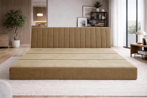 Image of Three-Seater Floor Sofa Bed Modern Velvet Fabric Folding Couch for Living Room, Guest Room & Small Spaces-Golden