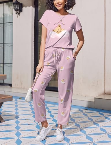 Image of Ekouaer Pajama Sets for Women Round Neck Pjs Short Sleeve Sleepwear with Long Pants Loose Lounge Sets Pink Teddy Bear XX-Large