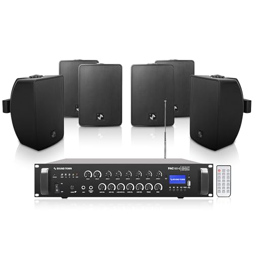 Sound Town Commercial Restaurant Bluetooth Amplifier + Surface-Mount Speaker Set, with One 6-Zone 70V/100V Amplifier with Bluetooth, 6 x 4.5-Inch Surface-Mount Speakers, Black (PAC180X6TV4B)…