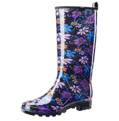 HISEA Tall Rain Boots for Women, Slim Calf Waterproof Garden Boots, Fashion Print Rubber PVC Rainboots Knee High Rain Shoes, Anti-Slip Mud Boots for Outdoor Gardening Farm Yard Work