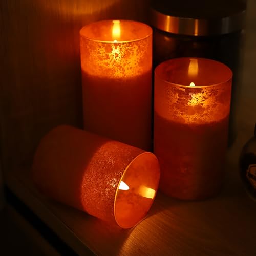 Image of Flameless Candles with Remote Orange Glass LED Pillar Candles Set of 3 | Realistic Wax Flame Effect, 2 /4 /6 /8H Timer, Battery Operated, Soft Ambient Glow for Home, Wedding & Holiday Decor