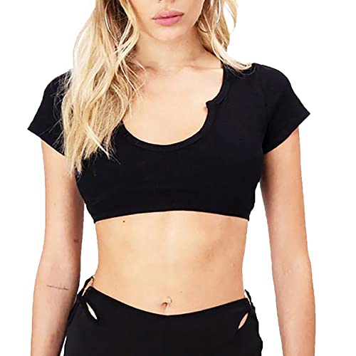 Running Sports Workout Gym Tops Women Scoop Neck Tight Breathable Crop Sports Tee Shirt (Black, S)