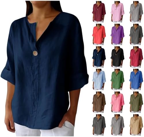 Linen Shirts for Women Summer Tops Button Down V Neck 3/4 Sleeve Cotton Blouses Casual Loose Basic Solid Tunic Tops
