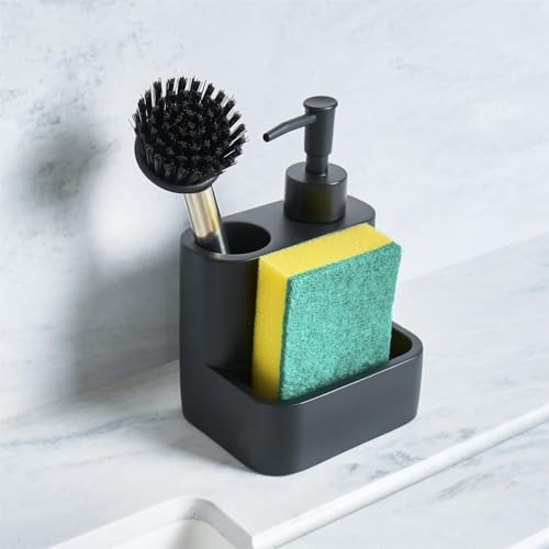 OHS Kitchen Soap Dispenser with Sponge Holder and Dish Scrub Brush Holder Countertop Organizer for Kitchen Sink Refillable Hand and Dish Soap Dispenser with Pump, Black