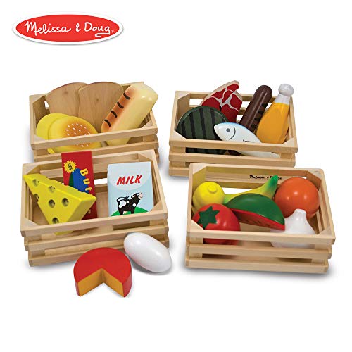 Image of Melissa & Doug Wooden Play Food Bundle - 21 Hand-Painted Food Pieces with 4 Crates & 17-Piece Cutting Fruit Set with Storage Box