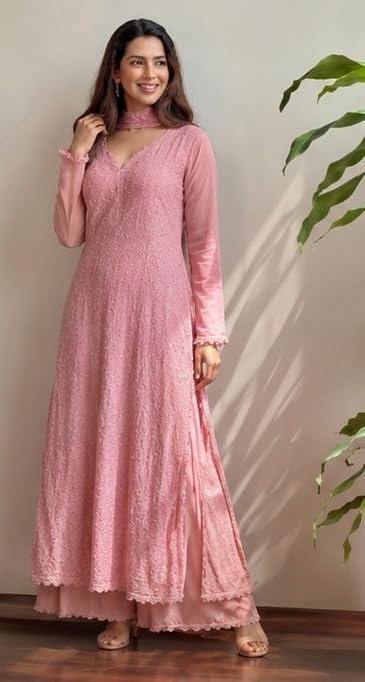 Image of Women Embroidered Straight Kurti with Palazzo And Dupatta Set | Elegant Ethnic Wear Kurta Set | V-Neck Long Sleeve Kurti | Stylish Casual, Festive & Wear for Women
