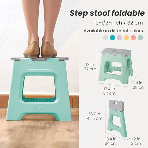 Image of Vigar Compact Folding Step Stool, 12-1 /2 in, Light Turquoise | 12-1 /2 in Foldable Stool, Lightweight Portable Design, Handle, Non Slip Surface, Space-Saving, Supports up to 330 lb
