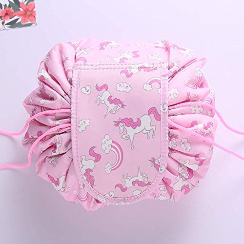 ERHETUS Stylish Lazy Cosmetic Bag with Drawstrings, Waterproof Makeup Pouch for Girls, Large Storage Pouches, Toiletry Bags for Women (Pink Unicorn)
