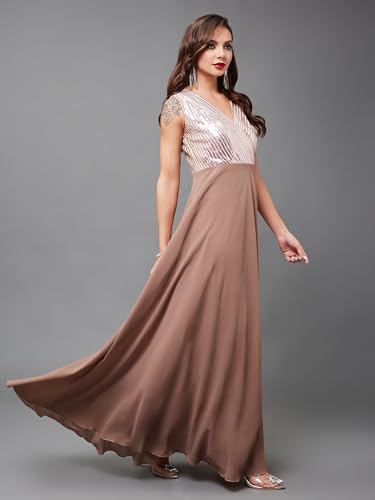 Image of Miss Chase Women's Round Neck Sleeve Embellished Fit Flare Maxi Dress