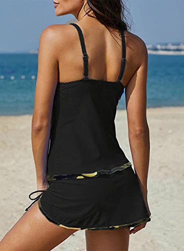 Evaless Tankini Bathing Suits For Women 2 Piece Camo Printed Patchwork Sexy Strappy Tummy Control Swimsuits Tankini Top With Drawstring Skirt Women's 2023 Fashion Swimwear Black Large #TOP1