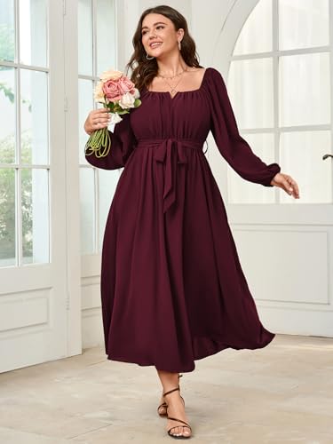 SCOMCHIC Women Plus Size Maxi Dress Long Sleeve Square Neck Wedding Guest Cocktail Belted Elegant Flowy A Line Long Dresses3