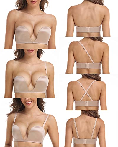 DotVol Push Up Convertible Strapless Bra for Women Underwire Deep U Plunge Padded Multiway Bra(Beige,34DD) - Image 3