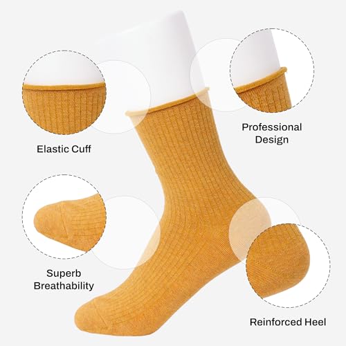 Image of Feeto Women's Roll Top Socks - Fashionable Cotton Crew Socks, Multi-Colors Mix, Made in Korea - 6 Pairs