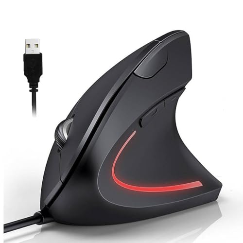 GADIRIA - Ratón Ergonómico Vertical con Cable - 6 Botones, 800 a 1600 dpi, iluminación LED - Mouse de Ordenador de Oficina, Trabajo, Empleo, Hogar y Uso Intensivo - Windows, Mac OS (con Cable USB)