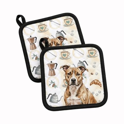 Caroline's Treasures Brindle American Staffordshire Terrier Coffee Bar Pair of Pot Holders Pair 7.5x7.5 Quilted Insulated Hot Pads Decorative Kitchen Gift Made in USA