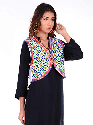Image of Craft Trade Women's Cotton Embroidered Kutchi Jacket with Tassels Sleeveless Mirror Work