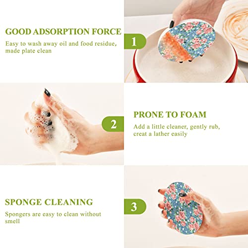 Image of Rose Floral Kitchen Sponges Spring Summer Flower Cleaning Dish Sponges Non-Scratch Natural Scrubber Sponge for Kitchen Bathroom Cars, pack of 3