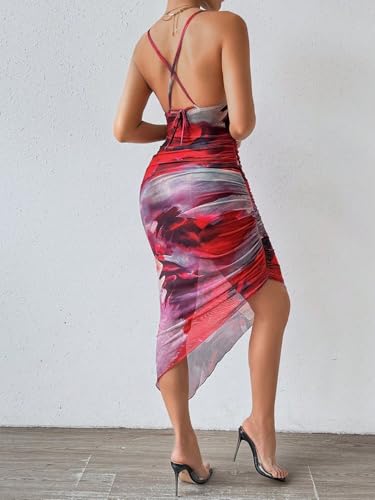 Image of LIGHT DOT Women's Spaghetti Strap Printed Bodycon Ruched Midi Cocktail Dress Sexy Cowl Neck Tie Dye