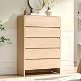 AMERLIFE 5 Drawer Dresser for Bedroom, 48' Tall Modern Chest of Storage Drawers with Rounded Corners, Anti-Tip Kit, Wood Cabinet Organizer for Closet, Living Room, Nursery, Easy Assembly, Light Oak