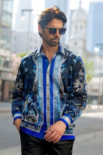 Barabas Men's Rhinestone Floral Snake Skin Long Sleeve Shirts 3SPR4082