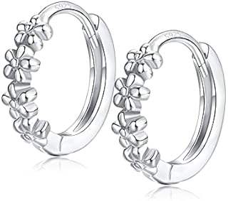 Small Hoops for Women Girls Beautiful Daisy Flower Cluster Diameter 925 Sterling Silver Post Hypoallergenic Small Sleeper Hoops, 3 Color in Silver/Gold/Sliver Gold 10mm/12mm
