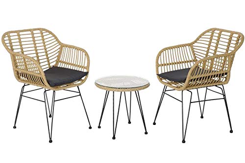 DRW Set de 3 Mesa y 2 Sillas de Ratan Sintetico y Metal en Natural y Negro 56x57,5x82cm
