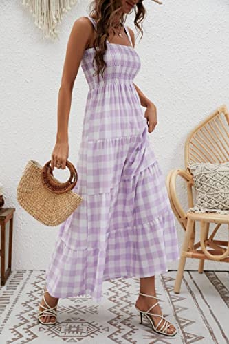 Image of kinstell Women's Summer Boho Spaghetti Strap Square Neck Ruffle Casual Flowy Long Dress Beach Swing Party Maxi Dress