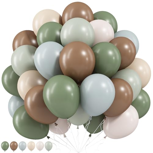 Froova Woodland Balloons 12 Inch Sage Green Brown and Sand White Balloon Double Stuffed Blue Balloon for Woodland Safari Jungle Forest Wild One Dino Baby Shower Birthday Party Decorations