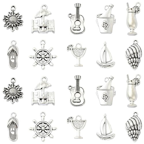 Stiesy 50Pcs 10 Styles Beach Vacation Travel Theme Tibetan Charms Antique Silver Sea Shell Charm Sailing Boat Sun Umbrella Pendants Charms for Jewellry Making Bracelet Crafts DIY