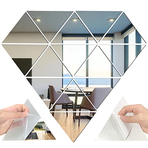 Lot de 14 autocollants muraux triangulaires en acrylique - Réglage amovible - Miroir DIY pour la maison, la chambre à coucher, la décoration de fond (argenté)