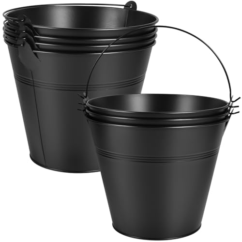 OBTANIM 7 Pack Black Metal Buckets with Handle Galvanized Ice Pails for Plants, Succulents, Party Favors Organizing, Rustic Home Decor or Classrooms Pencil Storage (9.1 x 6.7 inch)