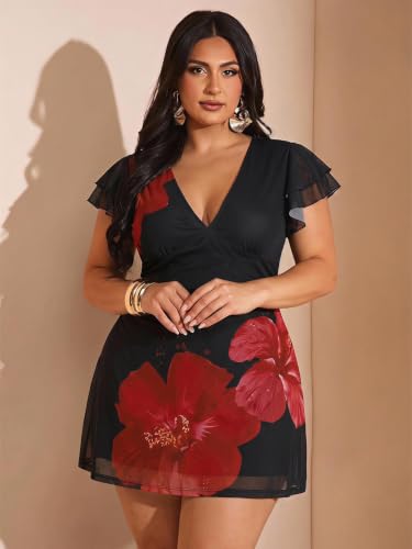 Image of BEAUDRM Women's Plus Size Cocktail Floral Short Dress Wedding Guest Dresses | Deep V, Ruffle, Short Sleeve,Mesh, Bodycon, Date Night Dress, Party Going Out Dresses
