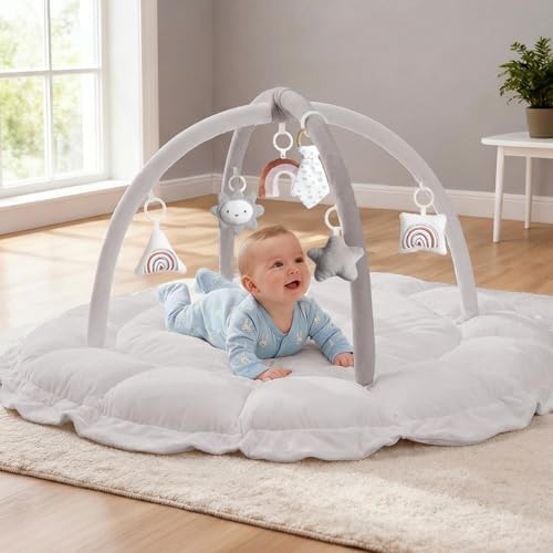 Mallify 5-in-1-Wandelbares Spielbogen Baby mit 6 Spielzeug, Spieldecke mit Bogen & Bällebad, Baby Spielbogen 0-6 Monate, weiche Krabbelmatte Spielmatte, Baby Gym Play Mat für Mädch