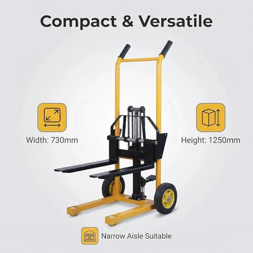 Pallet Stacker idraulico manuale, capacità 200 kg, telaio leggero, sollevamento alto 900 mm, pompa a pedale ergonomica, design compatto per magazzino e movimentazione materiali