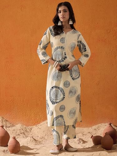 Image of INDO ERA Women's Printed Pure Cotton Calf Length Straight Kurta Pant With Dupatta Set (Kh0Cr6165)