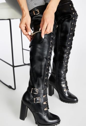 Yishaweiqi Buckle Strap Wide Calf Thigh High Boots for Women Chunky Block High Heel Over The Knee Boots Lace up Riding Combat Boots Ladies Side Zipper Tall Long Boots3
