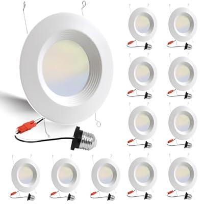 12 Pack 5/6 Inch 5CCT LED Recessed Light Retrofit, 2700K/3000K/4000K/5000K/6500K Selectable Downlight, Dimmable Can Lights with Metal Baffle Trim, CRI 90, 10.5W=85W, E26 Base, IC & Wet Rated, ETL&FCC