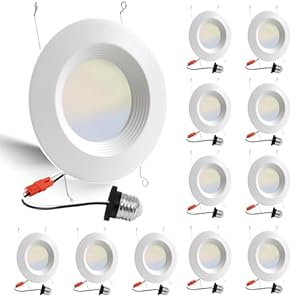 12 Pack 5/6 Inch 5CCT LED Recessed Light Retrofit, 2700K/3000K/4000K/5000K/6500K Selectable Downlight, Dimmable Can Lights with Metal Baffle Trim, CRI 90, 10.5W=85W, E26 Base, IC & Wet Rated, ETL&FCC