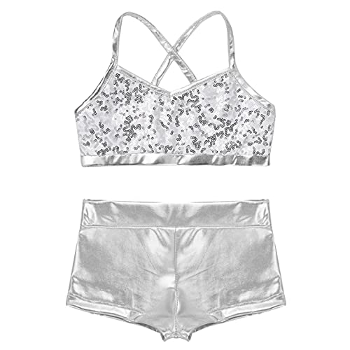 Kids Girls 2-Piece Sports Dance Outfits Crop Tops with Booty Shorts Gymnastics Workout Activewear Set3